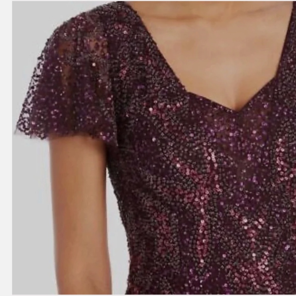 Adrianna Papell Plum Purple Beaded Sequin Flutter Sleeve Cocktail Dress - Picture 2 of 9